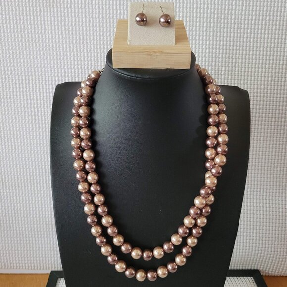 RMN Signed Champagne Faux Pearl Bead Double Strand Necklace Matching Earrings - Picture 1 of 7